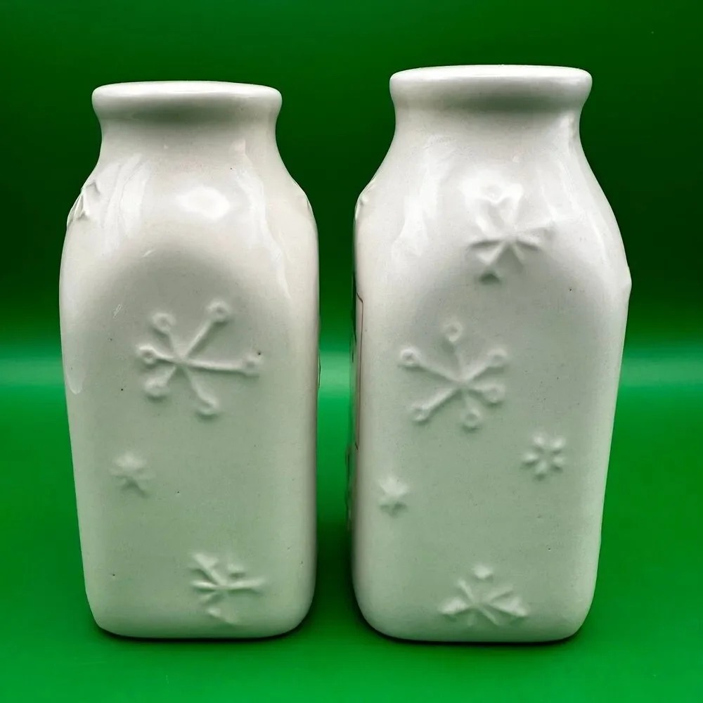 Hallmark Vintage Holiday Snowman Ceramic Milk Bottle Salt & Pepper Shakers Set